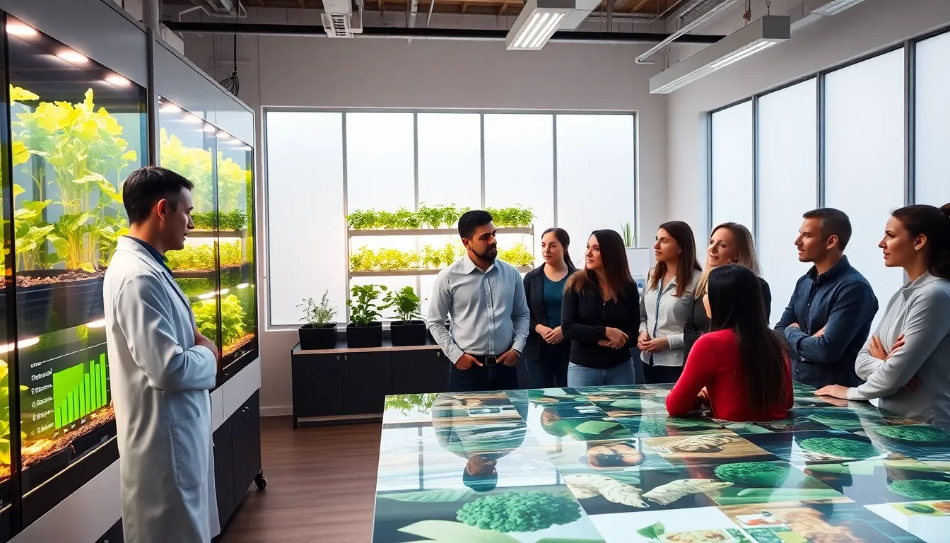 diverse team collaborating on sustainable food technology innovations in a modern lab.