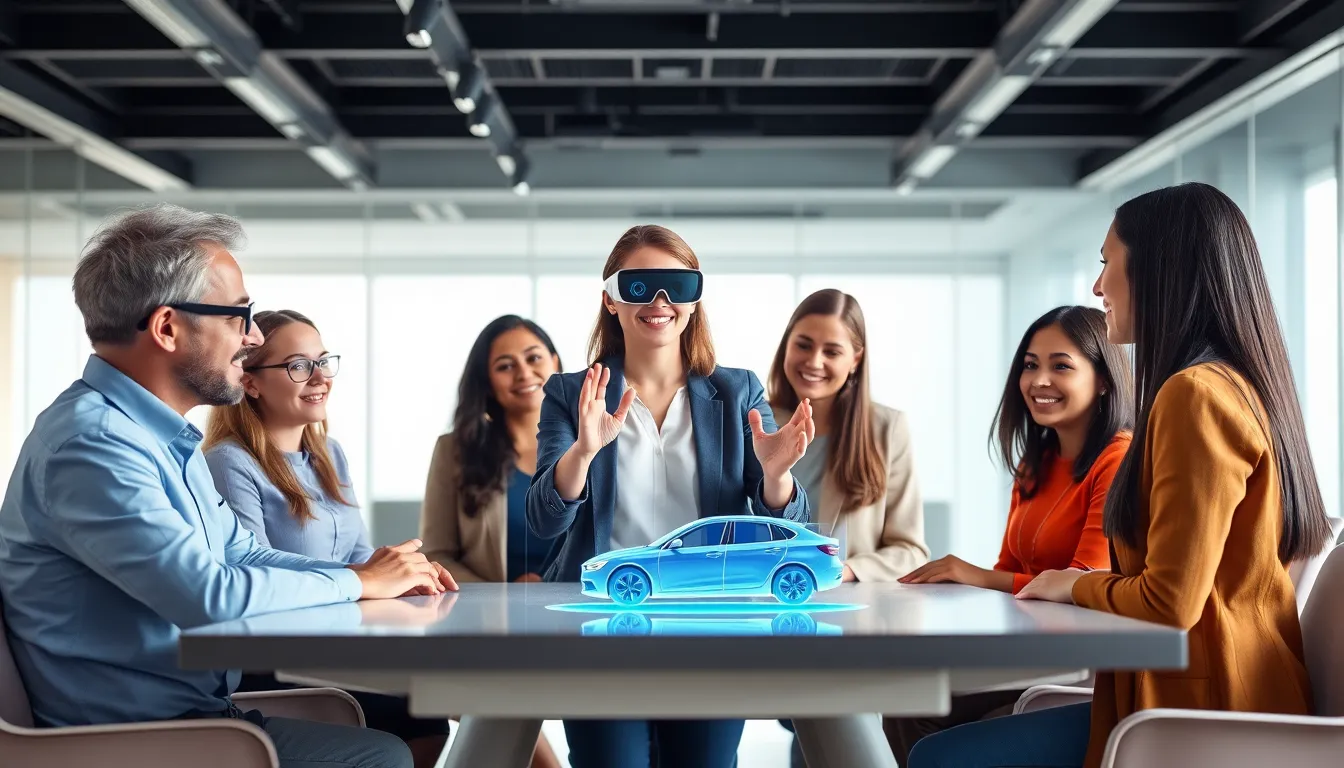 A diverse team interacting with augmented reality technology in an office.