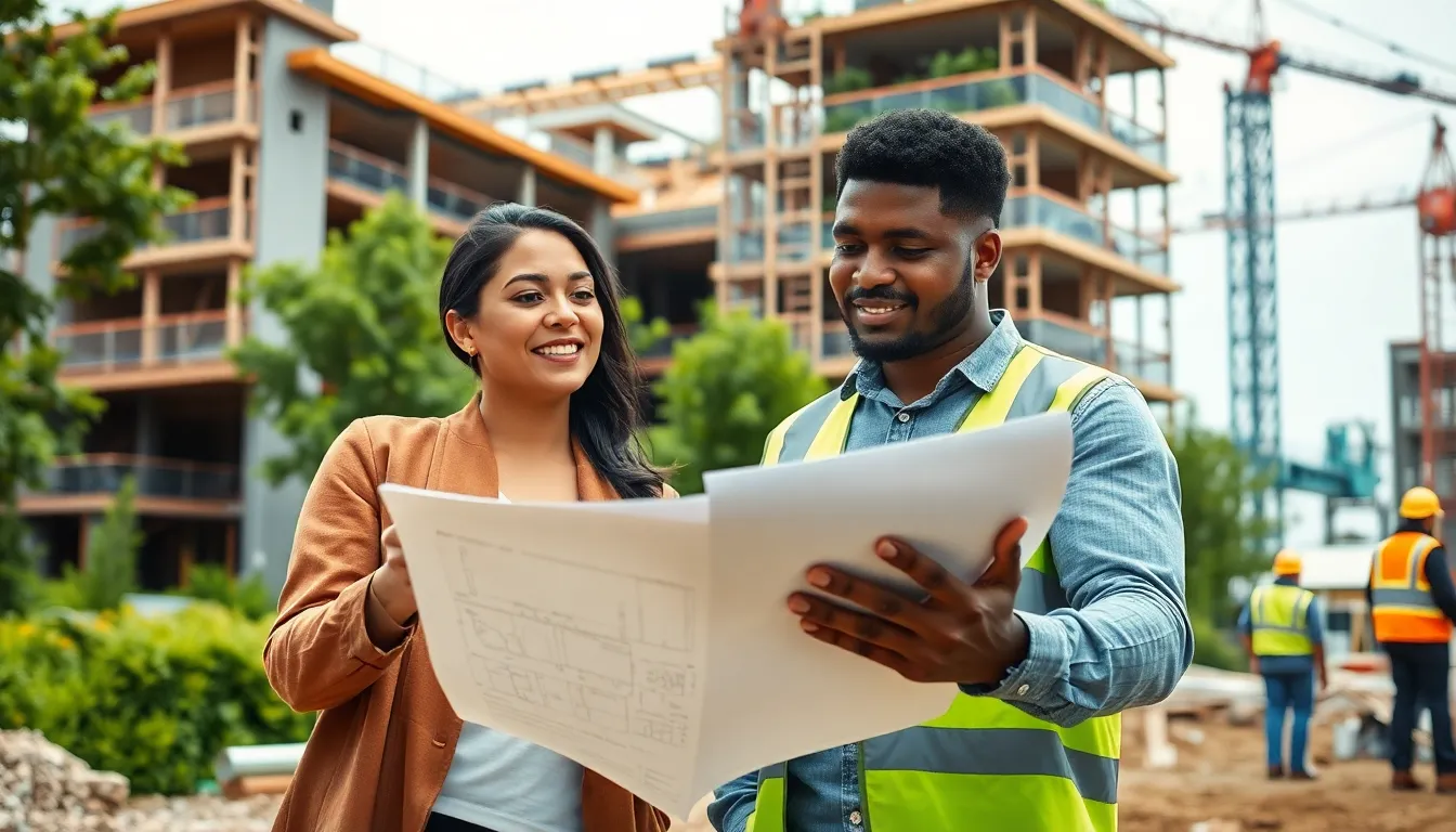 diverse professionals reviewing sustainable building plans at a construction site.