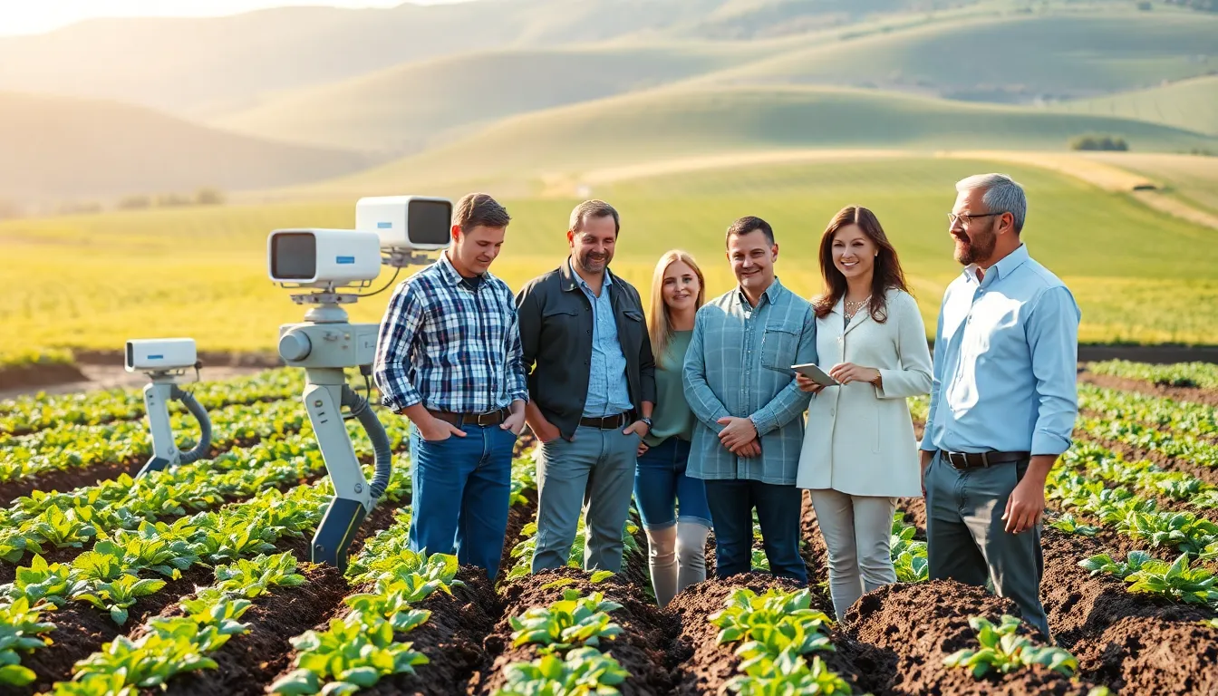 diverse professionals using advanced technology in sustainable agriculture.