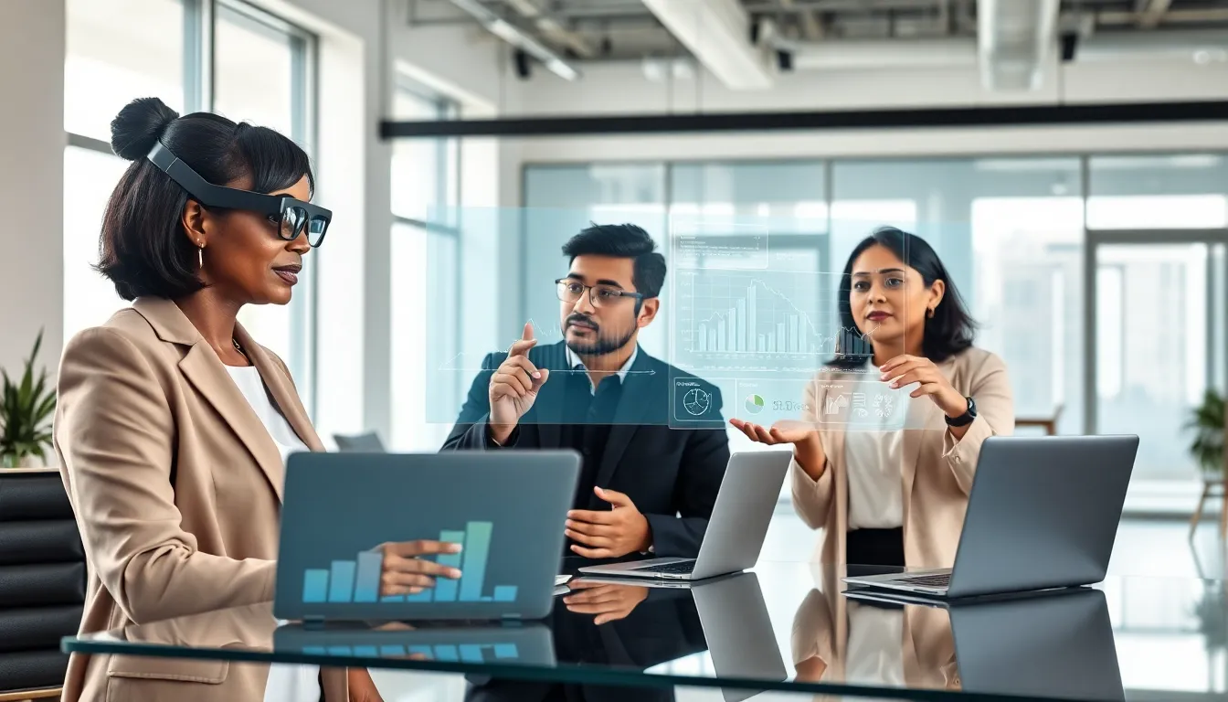 professionals using augmented reality technology in a finance office setting.