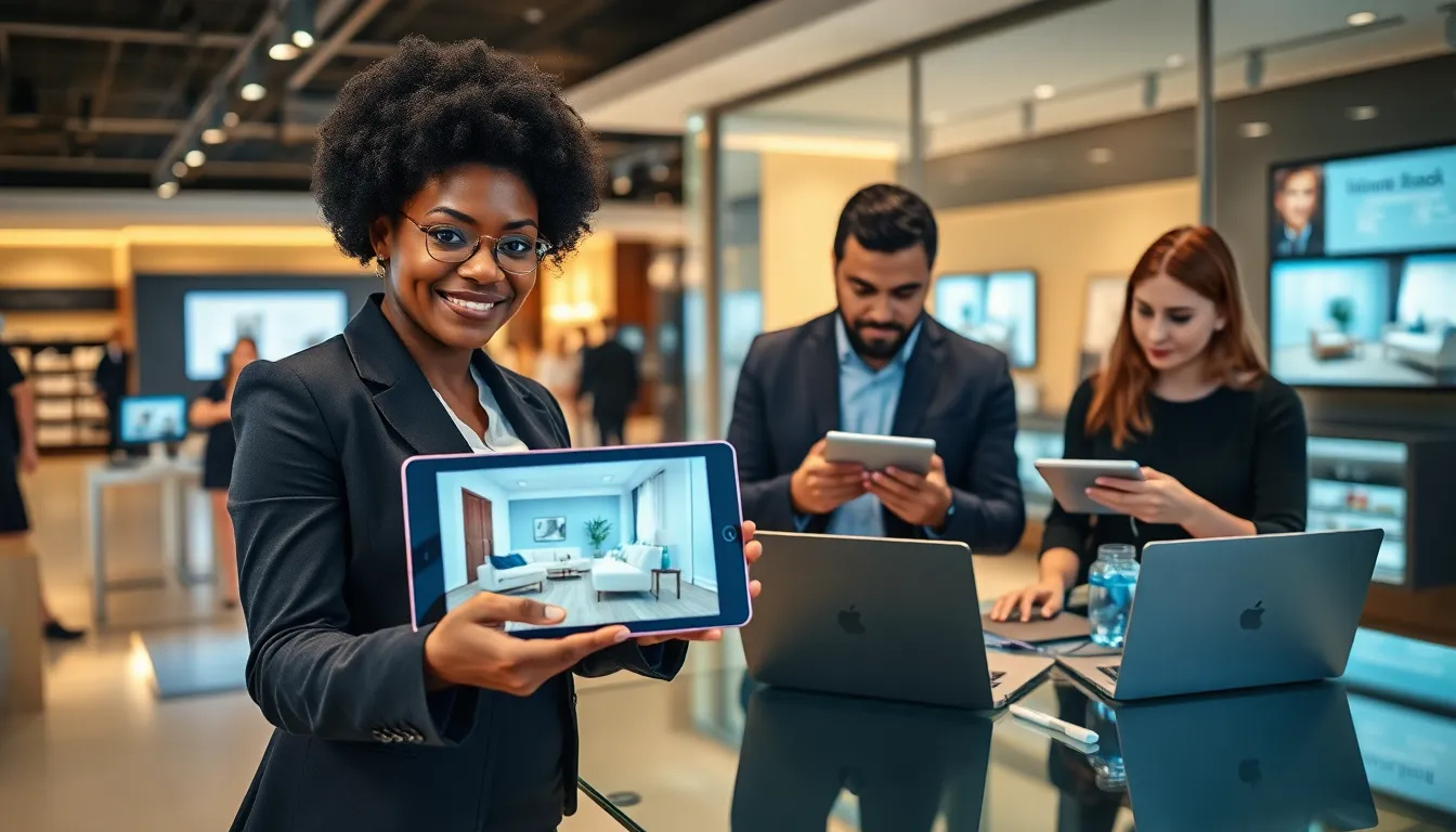 professionals discussing augmented reality marketing in a modern retail space.