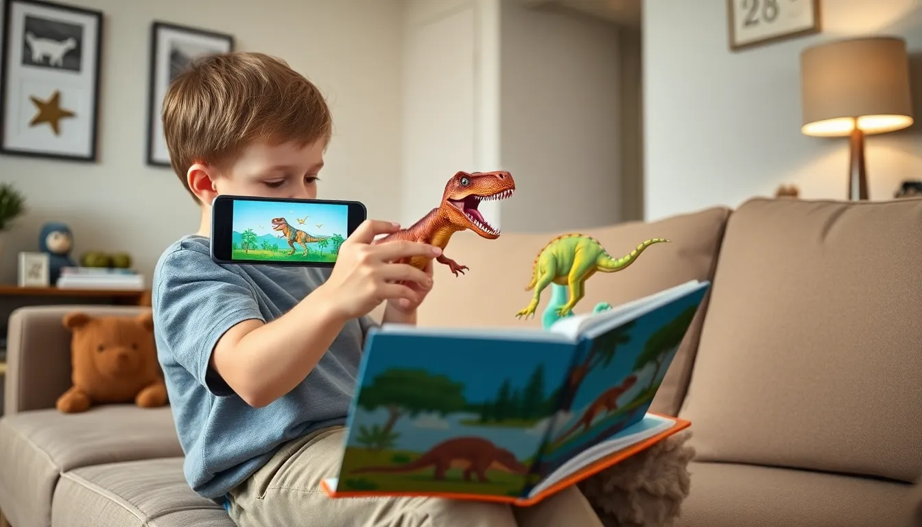 Child interacting with an augmented reality dinosaur book in a living room.