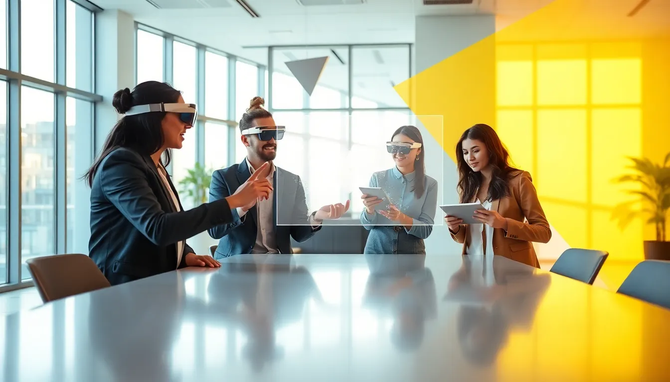 diverse team using augmented reality technology in a modern office.