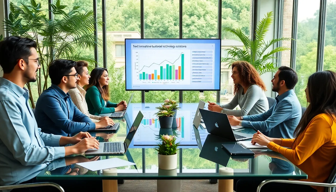 diverse team discussing sustainable technology solutions in a modern office.
