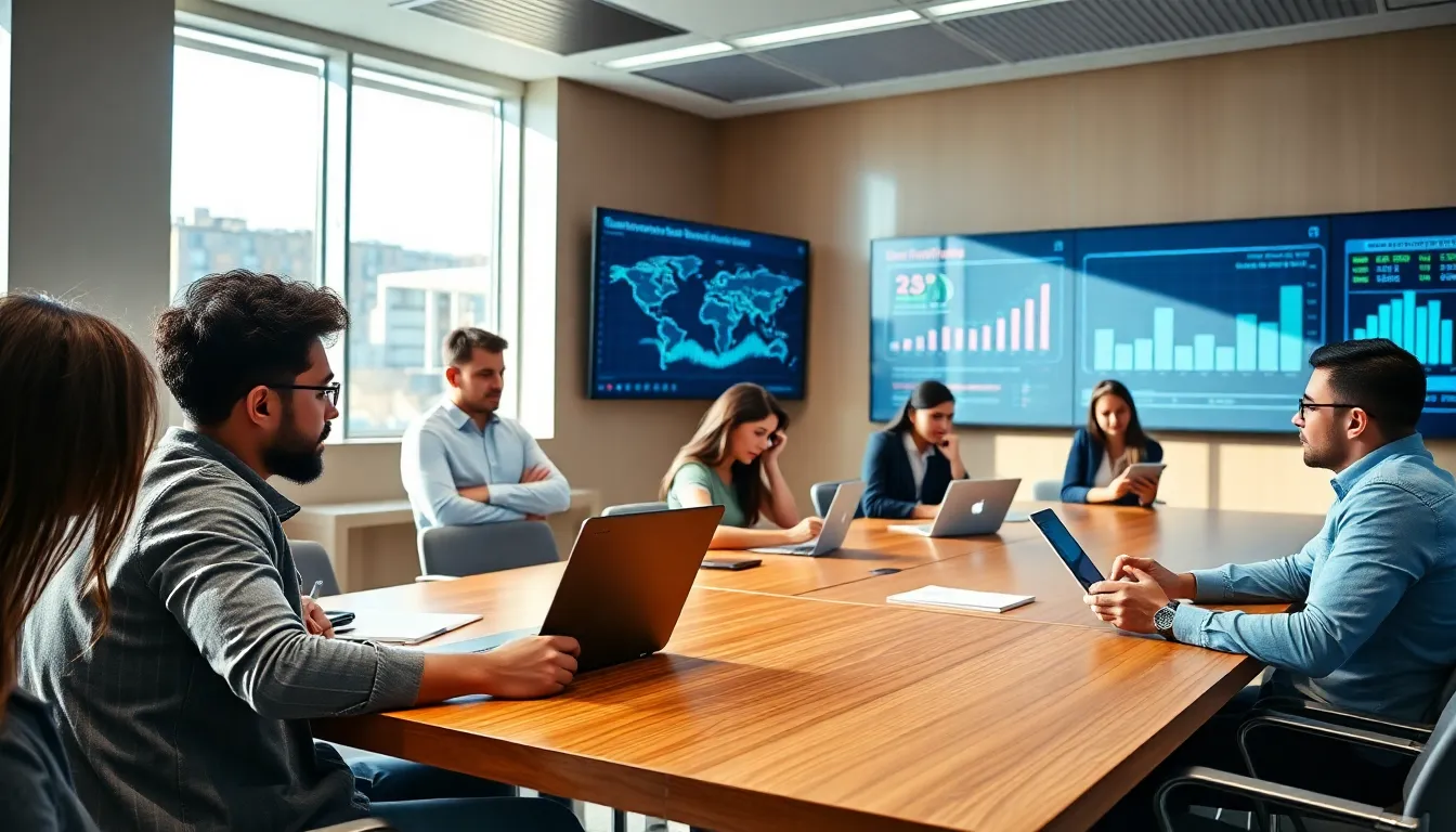 students collaborating in a modern classroom focused on fintech topics.