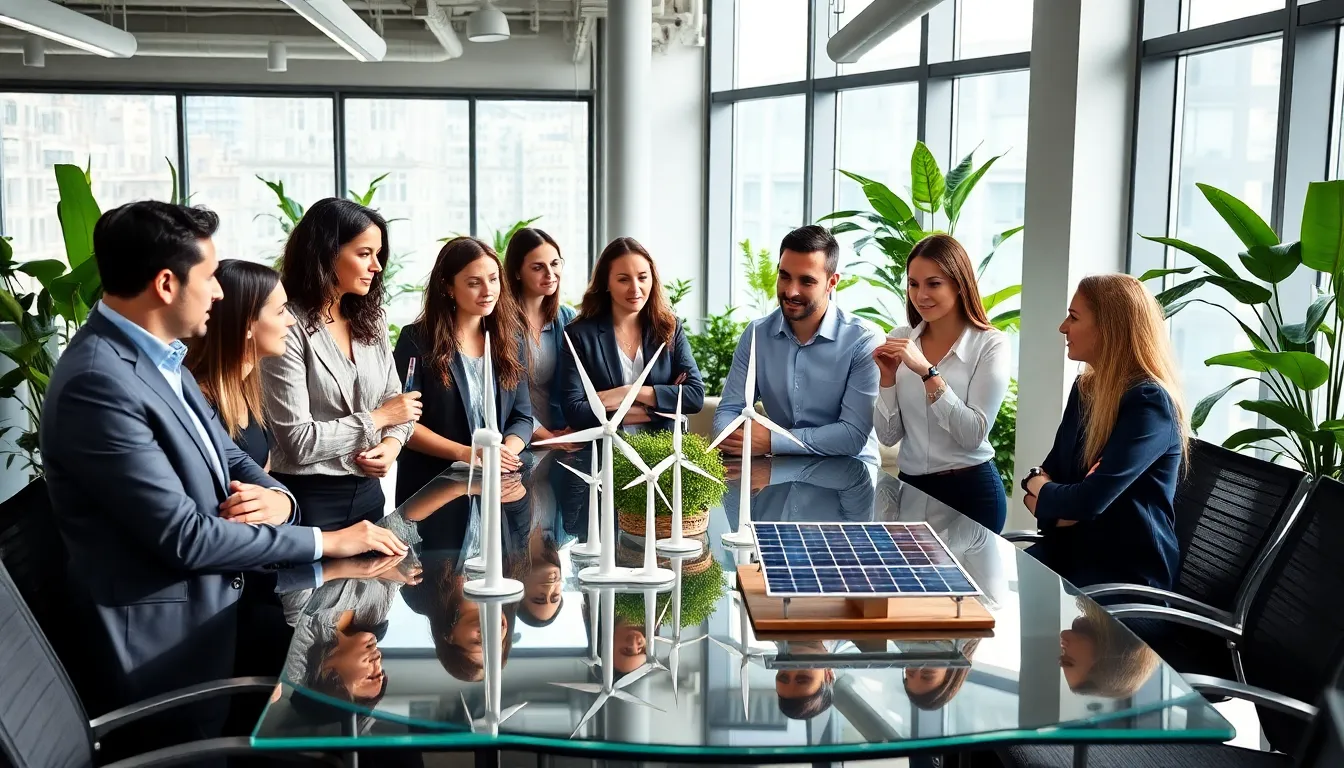 diverse team discussing sustainable technology innovations in a modern office.